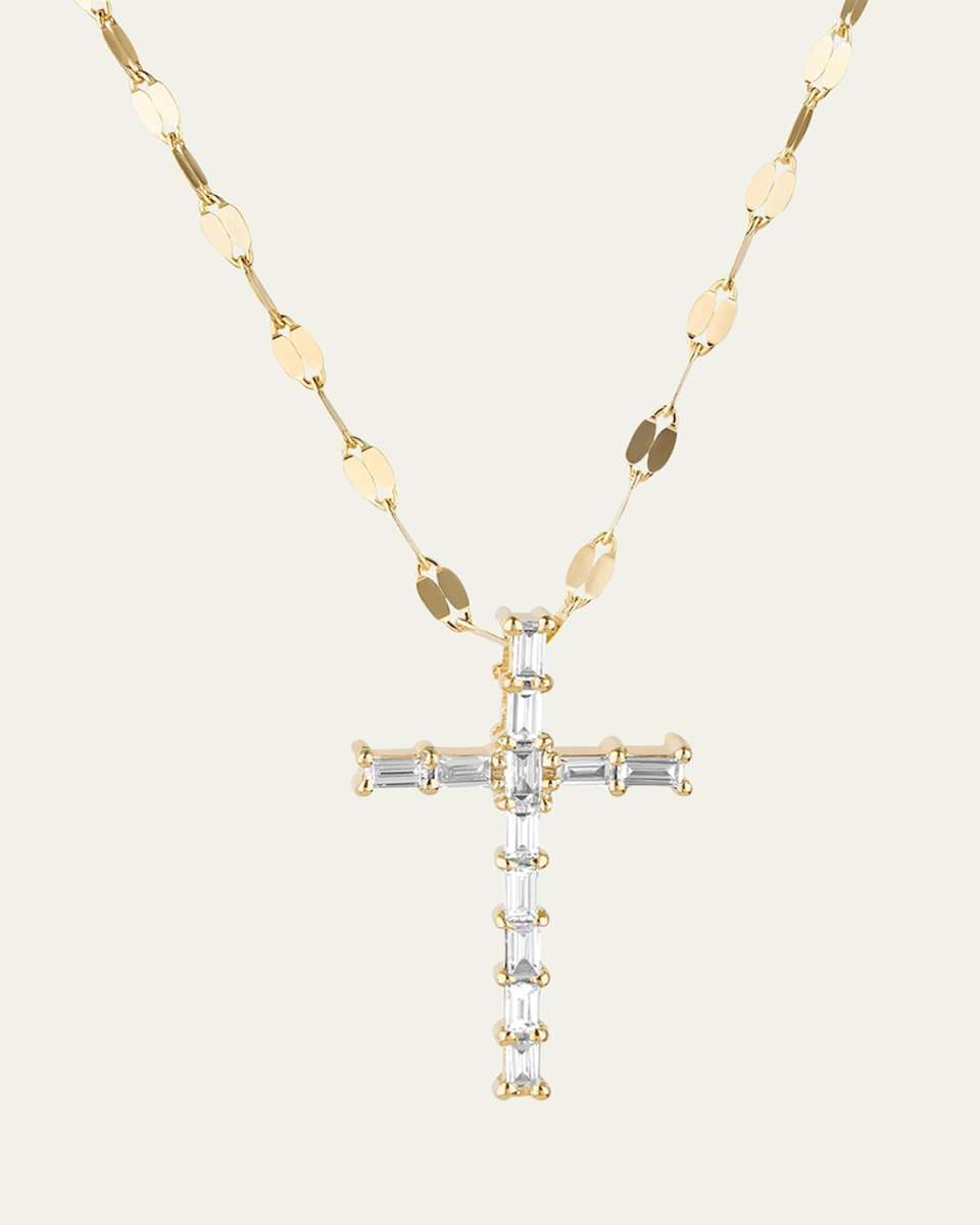14K Gold Baguette Everyday Cross Pendant Necklace with Jump Ring, 16-18"L